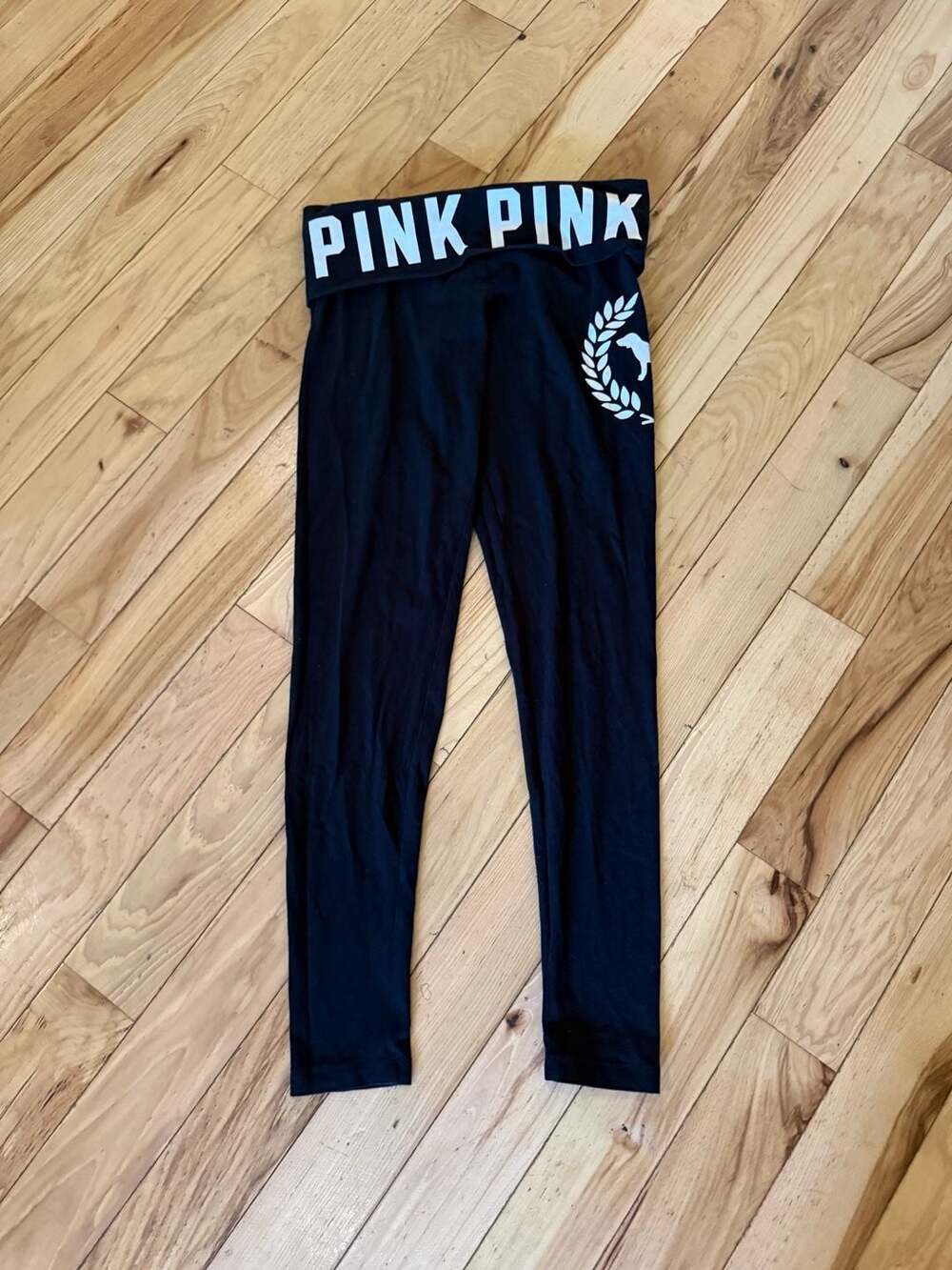 Victoria's Secret PINK Black Foldover Yoga Leggings with Logo and Dog Graphic